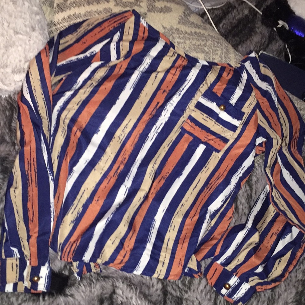Striped open back “Mine” long sleeve dressy shirt